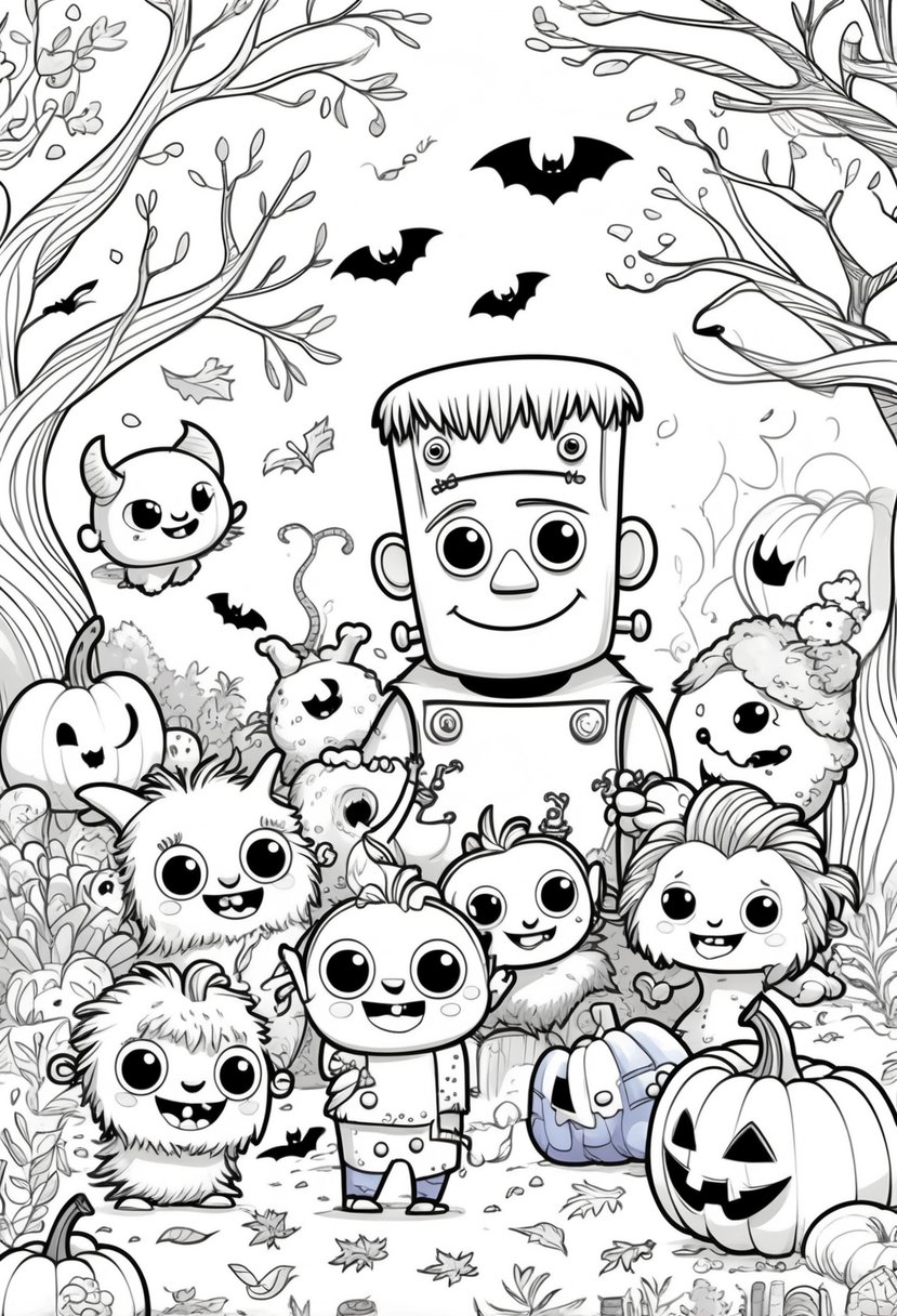 Halloween Coloring Pages for Kids Featuring 16 Cute and Friendly Characters and Scenes 25 A group of friendly little monsters and a smiling Frankenstein character surrounded by pumpkins, bats, twisted trees, cobwebs, and autumn leaves in a playful Halloween scene.